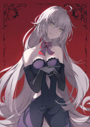 Rule 34 | 1girl, ahoge, bare shoulders, black dress, black gloves, breasts, cleavage, collarbone, dress, elbow gloves, fate/grand order, fate (series), gloves, highres, jeanne d&#039;arc (fate), jeanne d&#039;arc alter (avenger) (fate), jeanne d&#039;arc alter (avenger) (third ascension) (fate), jeanne d&#039;arc alter (fate), kodamazon, large breasts, long hair, looking at viewer, official alternate costume, silver hair, smile, solo, very long hair, yellow eyes