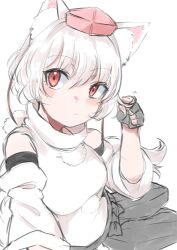 Rule 34 | 1girl, animal ear fluff, animal ears, black gloves, black skirt, blush, commentary request, detached sleeves, fingerless gloves, gloves, highres, inubashiri momiji, looking at viewer, pom pom (clothes), red eyes, shirt, simple background, skirt, solo, tail, touhou, white background, white shirt, wolf ears, wolf girl, wolf tail, yoyoiro (sysi20)