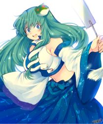 Rule 34 | 1girl, 2015, blue eyes, blush, breasts, crop top, dated, detached sleeves, female focus, frog hair ornament, gohei, green hair, hair ornament, hair tubes, iroyopon, japanese clothes, kochiya sanae, large breasts, long hair, long sleeves, looking at viewer, midriff, miko, navel, oonusa, open mouth, signature, simple background, skirt, smile, snake hair ornament, solo, touhou, white background, wide sleeves