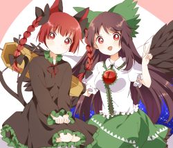 Rule 34 | 2girls, :d, animal ears, arm cannon, braid, brown hair, cape, cat ears, dress, feathered wings, forked tail, full body, kaenbyou rin, light blush, long hair, looking at viewer, multiple girls, nekomata, open mouth, red eyes, red hair, reiuji utsuho, sasaki sakiko, seiza, simple background, sitting, smile, sparkle, star (symbol), star print, tail, touhou, twin braids, twintails, v, very long hair, weapon, wings
