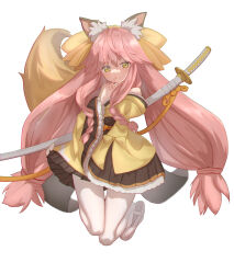 Rule 34 | 1girl, animal ear fluff, animal ears, bare shoulders, bow, closed mouth, commentary request, eyelashes, fate/samurai remnant, fate (series), finger to mouth, fox ears, fox girl, fox tail, frilled sleeves, frills, full body, hair between eyes, hand up, highres, index finger raised, japanese clothes, kimono, long hair, long sleeves, looking at viewer, low-tied long hair, pantyhose, pink hair, shushing, smile, solo, split mouth, tail, tamamo (fate), tamamo aria (fate), thick eyebrows, traum, twintails, very long hair, white background, white pantyhose, wide sleeves, yellow bow, yellow eyes, yellow kimono