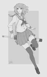 Rule 34 | 1girl, artist name, blouse, buttons, closed mouth, dated, expressionless, full body, geo siador, greyscale, highres, holding, holding weapon, loafers, long sleeves, looking past viewer, monochrome, neckerchief, original, pleated skirt, sailor collar, school uniform, serafuku, shirt, shoes, short hair, signature, skirt, solo, standing, standing on one leg, thighhighs, weapon