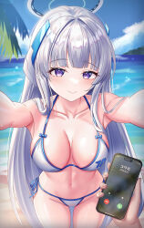 Rule 34 | 1girl, absurdres, bare shoulders, bikini, blue archive, blush, breasts, chisi, cleavage, closed mouth, collarbone, doodle sensei (blue archive), grey hair, halo, highres, holding, holding phone, large breasts, long hair, looking at viewer, mechanical halo, navel, noa (blue archive), phone, pov, purple eyes, sensei (blue archive), side-tie bikini bottom, smile, swimsuit, white bikini