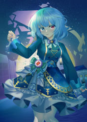 Rule 34 | 1girl, absurdres, alternate costume, blue bow, blue bowtie, blue eyes, blue hair, blue shirt, blue skirt, blush, bow, bowtie, breasts, chain, closed mouth, commentary request, feet out of frame, frilled skirt, frilled sleeves, frills, green bow, heterochromia, highres, long sleeves, looking at viewer, medium breasts, pantyhose, qinyuzhen, red eyes, shirt, short hair, skirt, sky, smile, solo, star (sky), starry sky, tatara kogasa, tongue, tongue out, touhou, white pantyhose