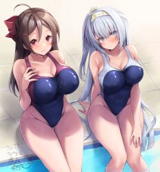 Rule 34 | 2girls, absurdres, ahoge, arm support, artist name, bare arms, bare legs, bare shoulders, blush, breasts, brown hair, cleavage, closed mouth, clothes writing, collarbone, commission, competition swimsuit, dated, fuyutsuki (kancolle), grey eyes, grey hair, hachimaki, hair ornament, hair ribbon, hairclip, headband, highres, kantai collection, large breasts, long hair, mamiya (kancolle), mashiro yukiya, multiple girls, one-piece swimsuit, one side up, pool, red eyes, red ribbon, ribbon, signature, sitting, skeb commission, smile, swimsuit, white headband