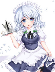 Rule 34 | 1girl, absurdres, apron, bad id, bad pixiv id, black ribbon, blue dress, blue eyes, blush, bow, braid, breasts, commentary, cowboy shot, cup, dress, frilled apron, frills, green bow, hair between eyes, hair bow, hand up, highres, holding, holding tray, holster, izayoi sakuya, looking at viewer, maid, maid apron, maid headdress, medium breasts, neck ribbon, parted lips, puffy short sleeves, puffy sleeves, ribbon, shirt, short hair, short sleeves, silver hair, simple background, skirt hold, solo, teacup, teapot, thigh holster, touhou, tray, twin braids, waist apron, white apron, white background, white shirt, zipgaemi