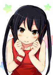 Rule 34 | 1girl, black hair, brown eyes, food, highres, k-on!, long hair, miu (angelo whitechoc), nakano azusa, pocky, smile, solo, twintails
