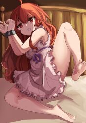 Rule 34 | 1girl, absurdres, ahoge, barefoot, bdsm, bed, bondage, bound, bound arms, child, clenched teeth, dress, eris greyrat, female focus, highres, long hair, looking at viewer, merlt, mushoku tensei, on bed, red eyes, red hair, soles, solo, spread legs, teeth, thighs, toes