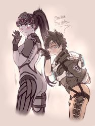 Rule 34 | 2girls, arm behind back, ass, black hair, blush, brown hair, english text, french text, gloves, goggles, head-mounted display, jacket, multiple girls, murasaki-yuri, open mouth, overwatch, overwatch 1, ponytail, surprised, tracer (overwatch), widowmaker (overwatch), yuri