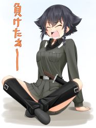 Rule 34 | 1girl, anzio military uniform, arm support, black hair, boots, braid, commentary request, closed eyes, girls und panzer, highres, indian style, knee boots, open mouth, partial commentary, pepperoni (girls und panzer), ruka (piyopiyopu), sheath, sheathed, sitting, solo, translated, white background