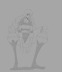 Rule 34 | 1girl, boots, breasts, charlotte smoothie, hair over one eye, highres, large breasts, leotard, long hair, monochrome, one piece, resident drawfriend, solo, squatting, tall
