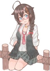 Rule 34 | 10s, 1girl, ahoge, alternate costume, az toride, black hair, blue eyes, braid, brown hair, checkered clothes, checkered skirt, commentary, fence, glasses, hair flaps, hair ornament, hair ribbon, hand in pocket, kantai collection, long hair, looking at viewer, pleated skirt, red-framed eyewear, ribbon, shigure (kancolle), shigure kai ni (kancolle), single braid, sitting, skirt, solo, wooden fence