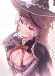 Rule 34 | 1girl, absurdres, black capelet, black gloves, black hair, black hat, blush, bow, bowtie, braid, breasts, brooch, capelet, check commentary, cleavage, commentary request, cosplay, cropped shirt, finger to mouth, gloves, grey hair, grey shirt, hair ornament, hairclip, hat, highres, hololive, index finger raised, jewelry, large breasts, long sleeves, looking at viewer, multicolored hair, murasaki shion, murasaki shion (1st costume), murasaki shion (cosplay), official alternate hair length, official alternate hairstyle, pink bow, pink bowtie, red eyes, sakamata chloe, shirt, side braid, solo, star brooch, streaked hair, striped clothes, striped shirt, upper body, vertical-striped clothes, vertical-striped shirt, virtual youtuber, witch, witch hat, yoharu tao