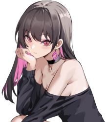 Rule 34 | 1girl, bad id, bad twitter id, bare shoulders, blush, breasts, brown hair, cleavage, collarbone, highres, large breasts, long hair, long sleeves, looking at viewer, red eyes, simple background, solo, spider apple, white background