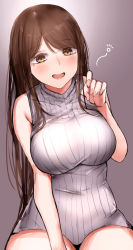 Rule 34 | 1girl, :d, bare arms, bare shoulders, blush, breasts, brown eyes, brown hair, commentary request, grey background, grey sweater, hand up, highres, large breasts, long hair, looking at viewer, mole, mole under eye, moruchi (rinaka moruchi), open mouth, original, ribbed sweater, sleeveless, sleeveless sweater, smile, solo, sweater
