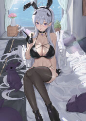 Rule 34 | 1girl, ahoge, animal, animal ears, arm support, bare arms, bare shoulders, bed, bedroom, bikini, black bikini, black choker, black footwear, black gloves, black hairband, breasts, brooch, brown thighhighs, choker, cleavage, closed mouth, demon girl, demon horns, demon tail, fake animal ears, gloves, twirling hair, hairband, half gloves, halterneck, hand up, horns, indoors, jewelry, knees up, large breasts, legs, long hair, looking at viewer, multi-strapped bikini, naughty face, navel, on bed, original, pointy ears, purple eyes, rabbit, rabbit ears, renge (730), second-party source, shoes, side-tie bikini bottom, sitting, smile, solo, stomach, string bikini, swimsuit, tail, thighhighs, thighs, tongue, tongue out, untied bikini, untying, very long hair, white hair