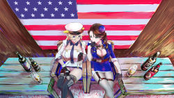 Rule 34 | 2girls, american flag, azur lane, bad id, bad pixiv id, beer bottle, belt, bikini, bikini top only, black belt, black bikini, black gloves, black legwear, blonde hair, blue dress, blue eyes, blue neckwear, bottle, bra, breasts, brown hair, buttons, chain, cleavage, closed mouth, clothes writing, collarbone, commentary request, crossed legs, detached collar, detached sleeves, double-breasted, dress, emblem, expressionless, facial scar, fingerless gloves, from above, gloves, gorget, green eyes, grey legwear, hair between eyes, hair over shoulder, half-closed eyes, half gloves, hand to own mouth, hand up, hat, highres, large breasts, long hair, long sleeves, loose belt, medium breasts, microdress, military, military hat, military uniform, multiple girls, necktie, o-ring, open clothes, open dress, open mouth, pale skin, panties, pantyhose, pantyshot, parted bangs, peaked cap, pennsylvania (azur lane), pouch, scar, scar on cheek, scar on face, short dress, side ponytail, sitting, sleeve cuffs, sleeves rolled up, swimsuit, table, tennessee (azur lane), thigh pouch, thigh strap, thighhighs, underwear, uniform, wavy hair, white dress, white hat, white panties, wine bottle, wing collar, wooden chair, wooden table