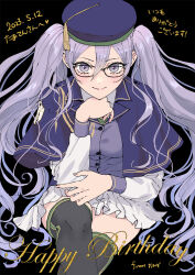 Rule 34 | 1girl, atlas academy school uniform, black-framed eyewear, black background, black thighhighs, buttons, capelet, closed mouth, commentary request, dated, english text, fate/grand order, fate (series), fingernails, glasses, green necktie, hair between eyes, happy birthday, hat, head rest, highres, long hair, long sleeves, looking at viewer, necktie, omizu (omz), pleated skirt, purple capelet, purple eyes, purple hair, purple hat, purple shirt, school uniform, shirt, simple background, sion eltnam sokaris, sitting, skirt, smile, solo, thighhighs, translation request, twintails, uniform, very long hair, white skirt, white sleeves