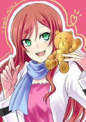 Rule 34 | 10s, 1girl, absurdres, bear, brown hair, character name, green eyes, gundam, gundam build fighters, gundam build fighters try, highres, kaikai, kamiki mirai, open mouth, outline, pink background, scarf, smile, solo, toy, upper body