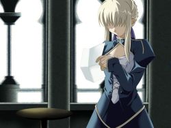 Rule 34 | 00s, 1girl, artoria pendragon (all), artoria pendragon (fate), blonde hair, fate/stay night, fate (series), holding, indoors, paper, reading, saber (fate), sad, shaded face, solo