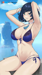 Rule 34 | 1girl, armpits, arms up, artist name, bare arms, bare shoulders, bikini, blue bikini, blue hair, blue sky, bracelet, breasts, cloud, commentary, damobelmont, day, english commentary, front-tie bikini top, front-tie top, genshin impact, green eyes, grin, highres, jewelry, large breasts, looking at viewer, mole, mole on breast, navel, outdoors, short hair, side-tie bikini bottom, sitting, sky, smile, solo, stomach, swimsuit, thighs, twitter logo, water, yelan (genshin impact)