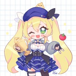 Rule 34 | 1girl, animal, animal on head, artist name, asuinui, bird, bird on head, black ribbon, blonde hair, blue choker, blue headwear, blue skirt, blush stickers, breasts, chibi, choker, cleavage, commentary, dokibird (vtuber), dress, english commentary, fingerless gloves, frilled skirt, frills, gloves, green eyes, grid background, hair between eyes, hair ribbon, hat, highres, holding, holding trophy, indie virtual youtuber, jacket, long hair, looking at viewer, medium breasts, on head, open mouth, outline, ribbon, signature, skirt, smile, star (symbol), grid background, tomato, trophy, twintails, virtual youtuber, white background, white outline, white ribbon