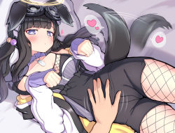 Rule 34 | 1girl, 1other, animal collar, animal ears, bare shoulders, belly rub, black hair, blue archive, blue eyes, blush, breasts, collar, commentary request, dog ears, dog girl, dog tags, dog tail, fishnet legwear, fishnets, goggles, goggles on head, halo, hand on another&#039;s stomach, heart, hibiki (blue archive), jacket, long hair, looking at viewer, lying, medium breasts, off shoulder, on back, open clothes, open jacket, overalls, paw pose, pov, solo, spoken heart, tail, tail wagging, twintails, ushimittsu, white jacket