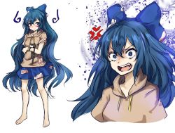 Rule 34 | 1girl, ahoge, amagi (amagi626), anger vein, angry, aura, bangle, bare legs, barefoot, blue bow, blue eyes, blue hair, blue skirt, blush, bow, bracelet, breasts, collarbone, commentary request, cropped torso, debt, drawstring, fang, full body, grey hoodie, hair between eyes, hair bow, holding, holding stuffed toy, hood, hoodie, jewelry, long hair, looking at viewer, miniskirt, multiple views, one-hour drawing challenge, open mouth, short sleeves, simple background, skirt, small breasts, standing, stuffed animal, stuffed cat, stuffed toy, touhou, upper body, v-shaped eyebrows, very long hair, wavy hair, white background, yorigami shion
