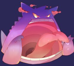 Rule 34 | animal focus, artist name, blue background, colored sclera, creatures (company), game freak, gen 1 pokemon, gengar, gigantamax, gigantamax gengar, hands up, highres, nintendo, no humans, open mouth, pokemon, pokemon (creature), red eyes, saliva, shia (shi12 poke), signature, simple background, smoke, solo, teeth, tongue, tongue out, uvula, yellow sclera