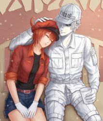 Rule 34 | 1boy, 1girl, ae-3803, ahoge, baseball cap, belt, bench, black shirt, breasts, cabbie hat, closed eyes, commentary, couple, cup, denim, denim shorts, disposable cup, gloves, grey eyes, hair between eyes, hair over one eye, hand on another&#039;s head, hands on lap, hat, hataraku saibou, head on another&#039;s shoulder, holding, holding cup, jacket, katsuki000, long sleeves, medium breasts, on bench, open clothes, open jacket, pale skin, pants, parted lips, red belt, red blood cell (hataraku saibou), red hair, red headwear, red jacket, shirt, short hair, short sleeves, shorts, sitting, sleeping, sleeping on person, sleeping upright, stone wall, translated, u-1146, uniform, wall, white blood cell (hataraku saibou), white gloves, white hair, white headwear, white legwear, white shirt