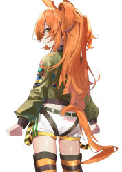 Rule 34 | 1girl, absurdres, animal ears, bomber jacket, clenched hands, closed mouth, clothing cutout, cowboy shot, from behind, green jacket, haruyuki (gffewuoutgblubh), highres, horse ears, horse girl, horse tail, jacket, long hair, long sleeves, looking at viewer, looking back, mayano top gun (umamusume), orange eyes, orange hair, shorts, sideways mouth, simple background, smile, solo, tail, tail through clothes, thighhighs, umamusume, white background, white shorts