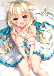 Rule 34 | 1girl, :d, animal ears, bare arms, bare shoulders, bed sheet, between legs, blonde hair, blue bow, blue ribbon, blush, bow, bow panties, breasts, cameltoe, cat ears, cat girl, cat tail, cleavage, collarbone, commentary request, dress, fang, flower, frilled dress, frills, hair between eyes, hair flower, hair intakes, hair ornament, hair ribbon, hand between legs, large breasts, long hair, looking at viewer, low twintails, navel, open mouth, original, panties, red eyes, ribbon, sazaki ichiri, sitting, smile, solo, tail, tail bow, tail ornament, twintails, underwear, very long hair, white dress, white flower, white panties