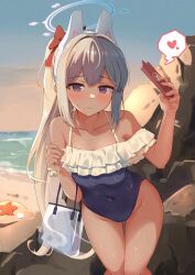 Rule 34 | 1girl, absurdres, animal ears, beach, blue archive, blue halo, blue one-piece swimsuit, breasts, collarbone, commentary, covered navel, facing viewer, fake animal ears, feet out of frame, frilled one-piece swimsuit, frills, grey hair, hair ribbon, halo, hands up, heart, highres, holding, holding phone, kuroliu 9021, leaning forward, long hair, looking down, miyako (blue archive), miyako (swimsuit) (blue archive), ocean, off-shoulder one-piece swimsuit, off shoulder, official alternate costume, one-piece swimsuit, outdoors, phone, ponytail, purple eyes, red ribbon, ribbon, sky, small breasts, solo, spoken heart, standing, starfish, swimsuit, transparent bag, two-tone one-piece swimsuit