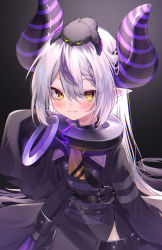Rule 34 | 1girl, :3, animal, animal on head, belt, bird, bird on head, black background, black collar, braid, collar, commentary, creature, crow (la+ darknesss), demon horns, hair between eyes, hand up, harui (hr x9 ), highres, hololive, horns, jacket, la+ darknesss, light blush, long hair, looking at viewer, multicolored hair, neckerchief, o-ring, on head, pointy ears, purple hair, purple jacket, side braid, single braid, sleeves past wrists, slit pupils, solo, streaked hair, striped horns, symbol-only commentary, upper body, virtual youtuber, yellow eyes, yellow neckerchief