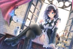 Rule 34 | 1girl, black footwear, black hair, black ribbon, black thighhighs, blue eyes, boots, breasts, bug, butterfly, cross-laced footwear, crossed legs, cup, curtains, denpa (denpae29), desk, detached sleeves, headband, high heel boots, high heels, holding, insect, knee boots, lace-up boots, light smile, long hair, looking at viewer, maid, medium breasts, on desk, original, platform footwear, ribbon, short hair, sitting, on desk, solo, teapot, thighhighs, thighs, wallpaper (object), white headwear, window, zettai ryouiki