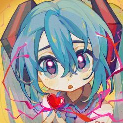 Rule 34 | artist name, blue eyes, blue hair, blue nails, dot nose, eyebrows hidden by hair, hair between eyes, hatsune miku, heart, highres, lightning, long hair, looking at viewer, nail polish, open mouth, suuroku, twintails, upper body, yellow background