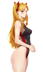 Rule 34 | 1girl, black one-piece swimsuit, blonde hair, breasts, competition swimsuit, ereshkigal (fate), fate/grand order, fate (series), highleg, highleg swimsuit, highres, long hair, looking at viewer, medium breasts, one-piece swimsuit, parted bangs, red eyes, solo, swimsuit, two side up, zucchini
