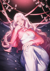 Rule 34 | 1girl, breasts, character request, cherry blossoms, cleavage, commentary request, copyright request, dress, eyelashes, eyeliner, hichi, highres, large breasts, crossed legs, lips, long dress, long hair, makeup, petals, pink hair, purple eyes, reclining, see-through, shrug (clothing), signature, solo, very long hair, white dress