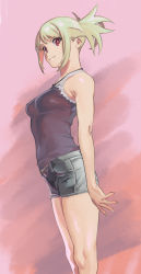 Rule 34 | 1girl, absurdres, arms at sides, black shirt, blonde hair, covered erect nipples, covered navel, feet out of frame, henken, highres, looking at viewer, original, pink background, ponytail, red eyes, shirt, shorts, sidelocks, sienna (henken), smile, solo