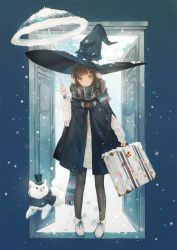 Rule 34 | 1girl, animal, bad id, bad pixiv id, black hair, black pantyhose, boots, coat, dangmill, day, dog, door, dress, earmuffs, full body, gem, hair ornament, hairclip, hat, head tilt, holding, holding umbrella, long hair, long sleeves, looking at viewer, mini hat, mini top hat, original, oversized hat, pantyhose, plaid, plaid scarf, red eyes, scarf, snow, snowing, solo, standing, suitcase, sweater, sweater dress, top hat, transparent, transparent umbrella, umbrella, white footwear, witch hat