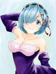 Rule 34 | 10s, 1girl, alternate costume, arm behind head, bare shoulders, blue eyes, blue hair, blush, breasts, cleavage, closed mouth, collarbone, covered navel, dress, elbow gloves, female focus, formal, gloves, hair ornament, hair over one eye, hair ribbon, headdress, kobo (cobo 0609), lips, looking at viewer, maid, matching hair/eyes, medium breasts, purple dress, purple gloves, re:zero kara hajimeru isekai seikatsu, rem (re:zero), ribbon, short hair, simple background, smile, solo, standing, strapless, strapless dress, x hair ornament