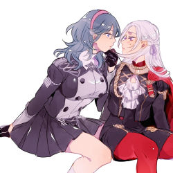 Rule 34 | 2girls, aiguillette, alternate costume, ascot, bare legs, black gloves, black shirt, black shorts, black skirt, blue eyes, blue hair, blush, breasts, byleth (female) (fire emblem), byleth (fire emblem), capelet, commentary request, edelgard von hresvelg, eyelashes, face-to-face, fire emblem, fire emblem: three houses, from side, garreg mach monastery uniform, gloves, hair between eyes, hair ribbon, hairband, highres, holding another&#039;s hair, invisible chair, large breasts, lips, long hair, long sleeves, medium breasts, medium hair, miniskirt, mizuno (iori-amu), multiple girls, nintendo, official alternate costume, pantyhose, parted bangs, parted lips, pleated skirt, profile, purple eyes, red capelet, red legwear, ribbon, shirt, shorts, silver hair, simple background, sitting, skirt, straight hair, sweatdrop, thighs, white background, yuri