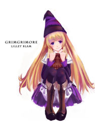 Rule 34 | 1girl, bad id, bad pixiv id, blonde hair, bloomers, book, boots, capelet, dress, grimgrimoire, hat, lillet blan, long hair, natsuki0104, nippon ichi, pantyhose, poncho, purple eyes, sitting, smile, solo, underwear, witch, witch hat, wizard hat