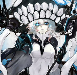 Rule 34 | 1girl, abyssal ship, black gloves, blue eyes, bodysuit, cape, colored skin, commentary request, covered erect nipples, fengya, gloves, glowing, glowing eye, hat, kantai collection, looking at viewer, monster, pale skin, pointing, pointing at viewer, short hair, solo, staff, tentacles, white hair, white skin, wo-class aircraft carrier