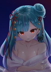 Rule 34 | 1girl, blurry, blurry background, breasts, collarbone, commentary request, empty eyes, green hair, hair bun, hair ornament, highres, hololive, japanese clothes, kimono, kokemomo (makesound), looking at viewer, medium hair, multicolored hair, open mouth, portrait, red eyes, side bun, single hair bun, single side bun, small breasts, solo, uruha rushia, uruha rushia (new year), virtual youtuber, yukata