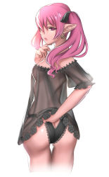 Rule 34 | 1girl, absurdres, ass, black panties, black ribbon, breasts, butt crack, dolce (rune factory), earrings, from behind, hair ribbon, hand up, highres, jewelry, lace, lace-trimmed panties, lace trim, long hair, looking back, medium breasts, no pupils, panties, parted lips, pink eyes, pink hair, pink lips, pointy ears, puchiman, ribbon, rune factory, rune factory 4, see-through, simple background, solo, thigh gap, twintails, underwear, white background