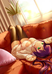 Rule 34 | 10s, 1girl, black thighhighs, breasts, cleavage, cleavage cutout, clothing cutout, clouble, couch, green eyes, long hair, looking at viewer, love live!, love live! school idol project, lying, medium breasts, meme attire, on back, open-chest sweater, pillow, purple hair, red upholstery, ribbed sweater, solo, sunlight, sweater, thighhighs, tojo nozomi, turtleneck, window