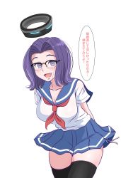 Rule 34 | 1girl, alternate costume, bespectacled, black thighhighs, blue skirt, breasts, collarbone, cowboy shot, glasses, hair intakes, halo, highres, kantai collection, large breasts, mechanical halo, neckerchief, osage gankyou, pleated skirt, purple eyes, purple hair, sailor collar, school uniform, serafuku, short hair, short sleeves, simple background, skirt, solo, speech bubble, standing, tatsuta (kancolle), thighhighs, translation request, white background