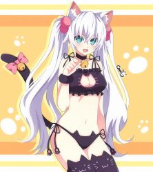 Rule 34 | 1girl, animal ears, bare arms, bare shoulders, black heart (neptunia), breasts, caro-xy, cat cutout, cat ears, cat lingerie, cat tail, cleavage, clothing cutout, green eyes, hair between eyes, long hair, looking at viewer, medium breasts, meme attire, navel, neptune (series), noire (neptunia), open mouth, paw pose, sidelocks, smile, solo, symbol-shaped pupils, tail, very long hair, white hair