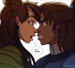 Rule 34 | 1boy, 1girl, artist name, avatar legends, blue eyes, brown eyes, brown hair, clenched teeth, commentary, cosmicdraghon, dark-skinned male, dark skin, english commentary, eye contact, highres, kavik (avatar), long hair, looking at another, open mouth, sidelocks, speech bubble, sweatdrop, teeth, upper body, white background, wig, yangchen (avatar)